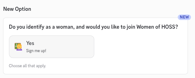 Screenshot showing the Women of HOSS role selection